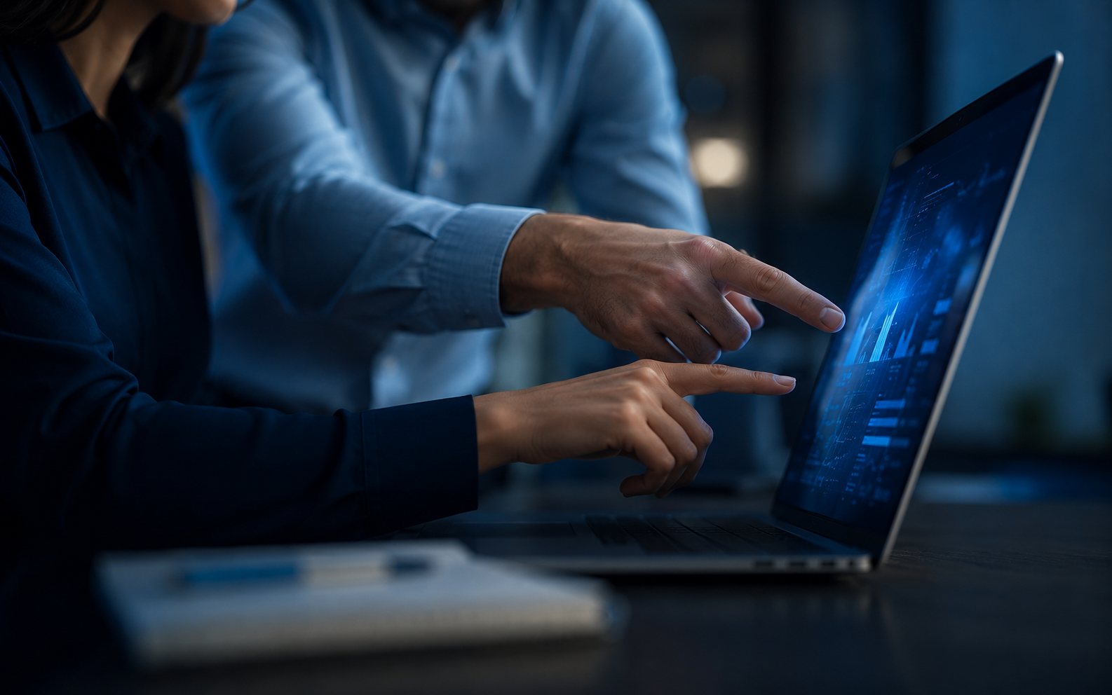 Duas pessoas apontando para gráficos em um laptop