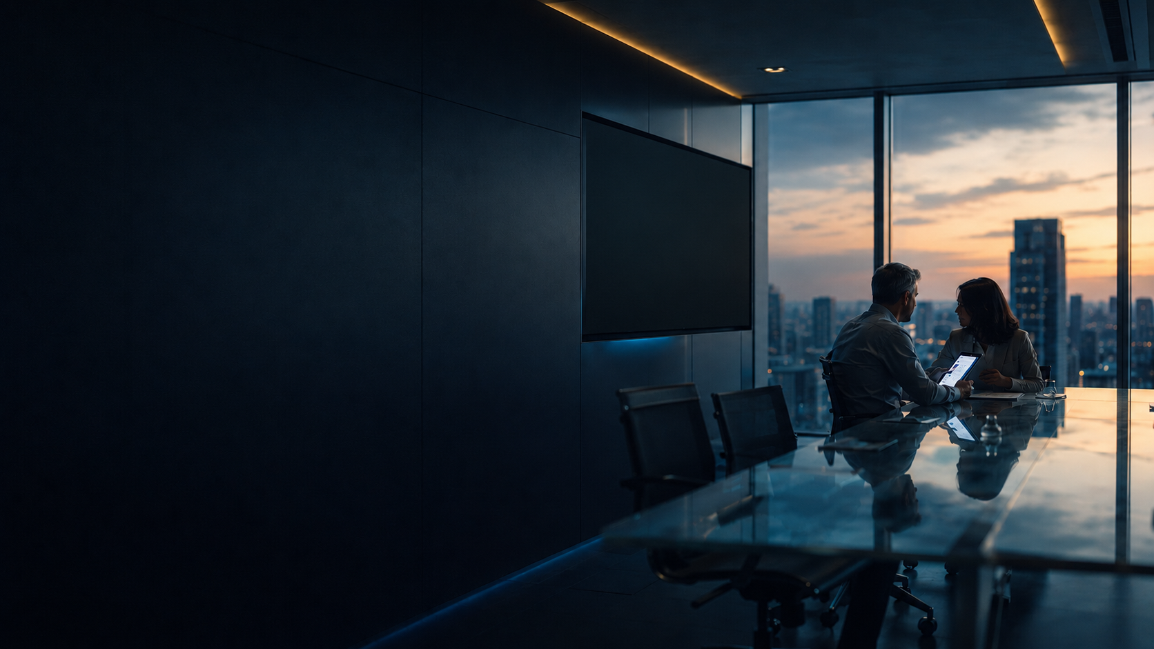 Boardroom corporativo ao entardecer